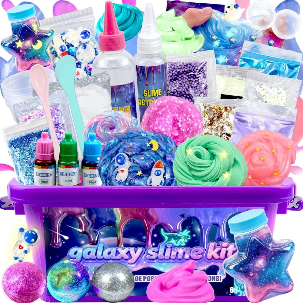 Mini Galaxy Slime Kit for Kids Ages 8–12, Making Butter Slime,Sparkling,Crunchy,Jelly Cubes Slime,Stress Relief Toys,Craft,Diy with Glow-In-The-Dark Stickers,Christmas for Boys&Girls