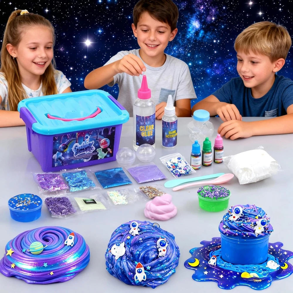 Mini Galaxy Slime Kit for Kids Ages 8–12, Making Butter Slime,Sparkling,Crunchy,Jelly Cubes Slime,Stress Relief Toys,Craft,Diy with Glow-In-The-Dark Stickers,Christmas for Boys&Girls