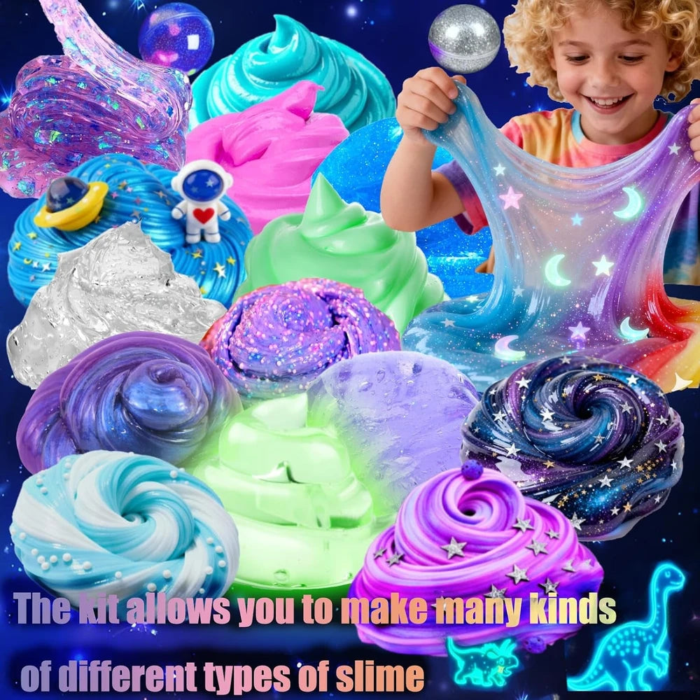 Mini Galaxy Slime Kit for Kids Ages 8–12, Making Butter Slime,Sparkling,Crunchy,Jelly Cubes Slime,Stress Relief Toys,Craft,Diy with Glow-In-The-Dark Stickers,Christmas for Boys&Girls