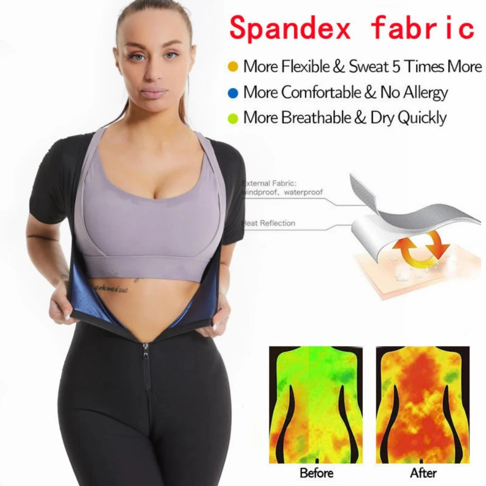 Sauna Suit for Women, Weight Loss Sauna Shirt, Waist Trainer Sweat Vest, Belly Workout, 3 in 1 Full Body Shaper Workout Top Black+Blue XL