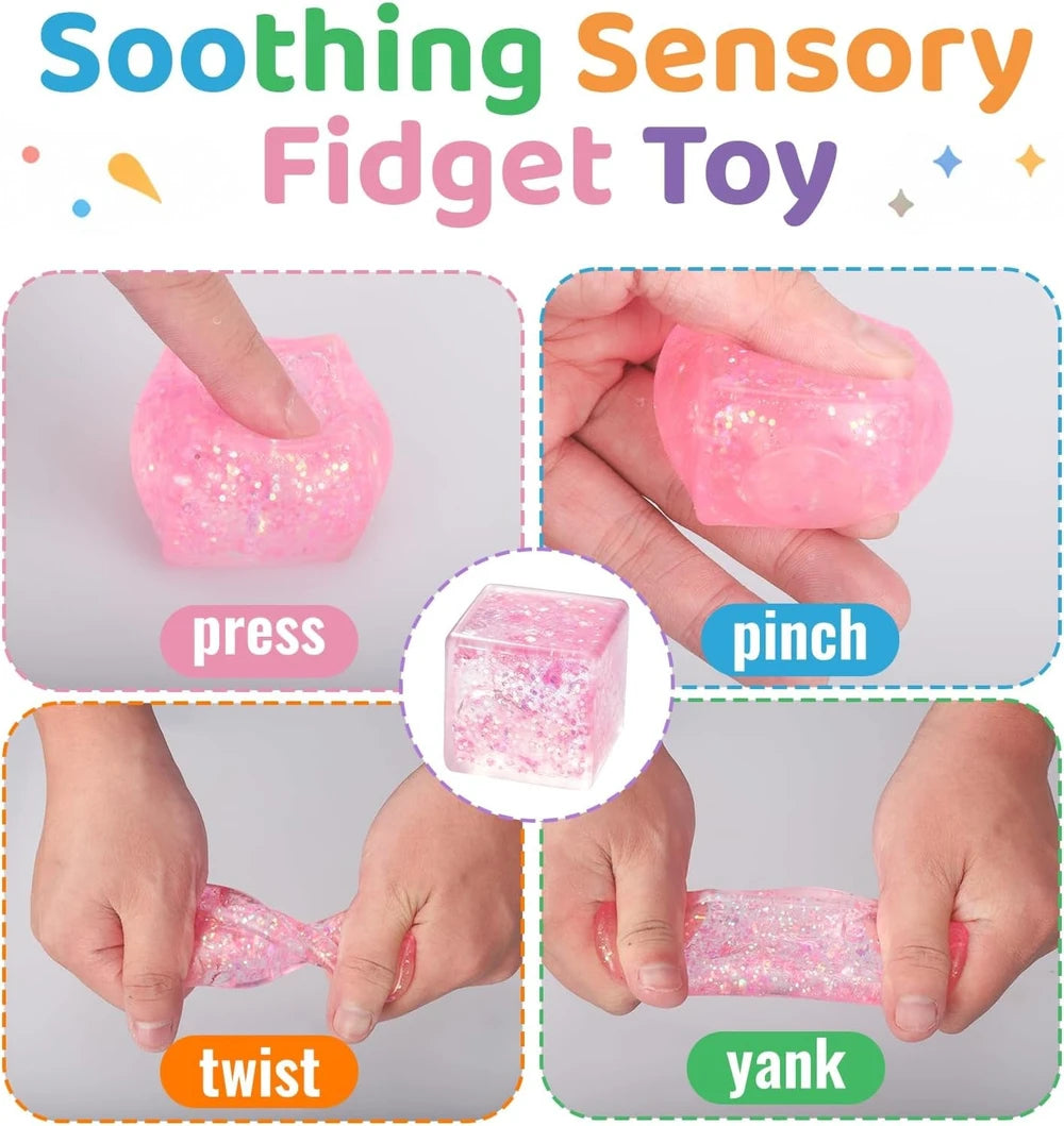 6 Pack Ice Cube Squishy Stress Balls, Glitter Fidget Cube Squeeze Toys for Kids Adults, Slow Rising Sparkly Sensory Squish Blocks, Party Favors, Goodie Bag Fillers