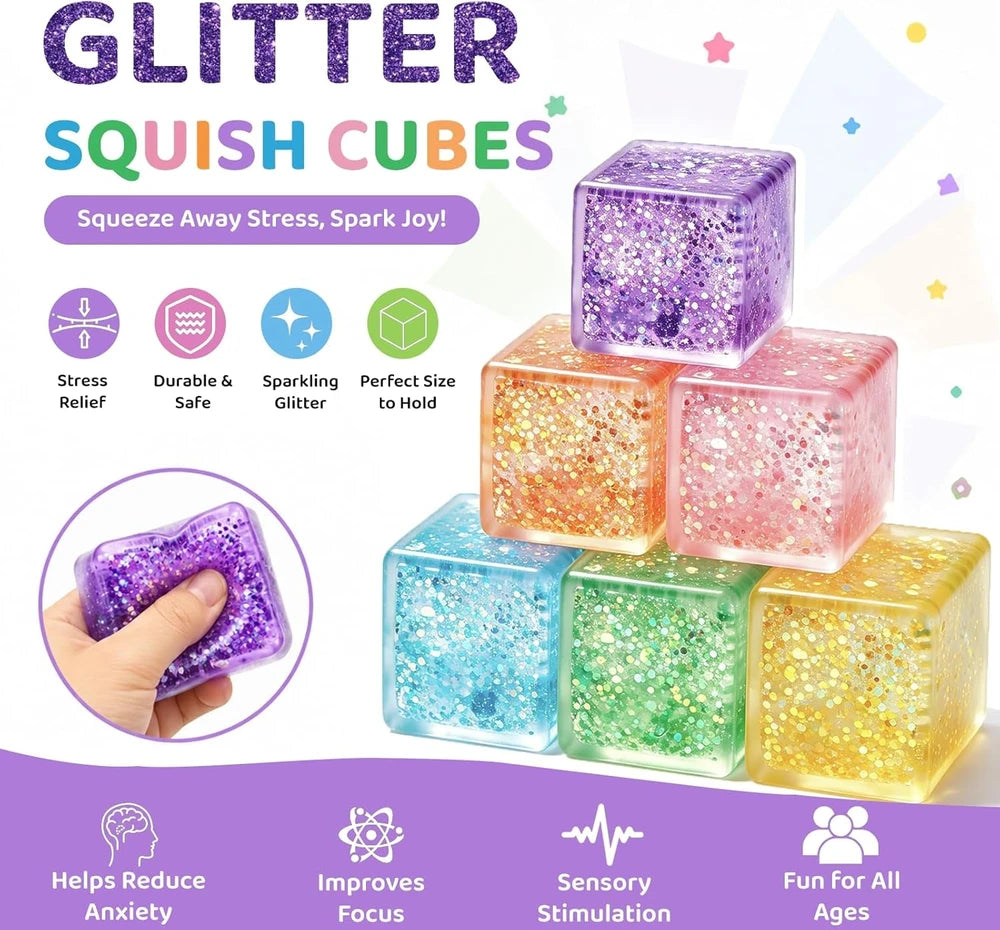 6 Pack Ice Cube Squishy Stress Balls, Glitter Fidget Cube Squeeze Toys for Kids Adults, Slow Rising Sparkly Sensory Squish Blocks, Party Favors, Goodie Bag Fillers