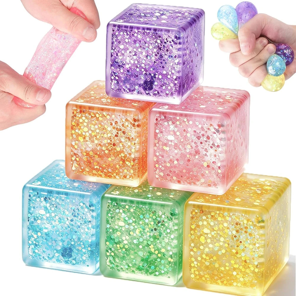 6 Pack Ice Cube Squishy Stress Balls, Glitter Fidget Cube Squeeze Toys for Kids Adults, Slow Rising Sparkly Sensory Squish Blocks, Party Favors, Goodie Bag Fillers