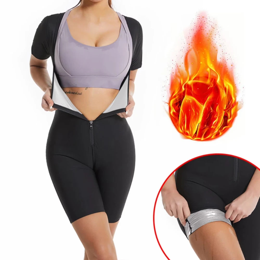 Sauna Suit for Women, Weight Loss Sauna Shirt, Waist Trainer Sweat Vest, Belly Workout, 3 in 1 Full Body Shaper Workout Top Black+Silver M