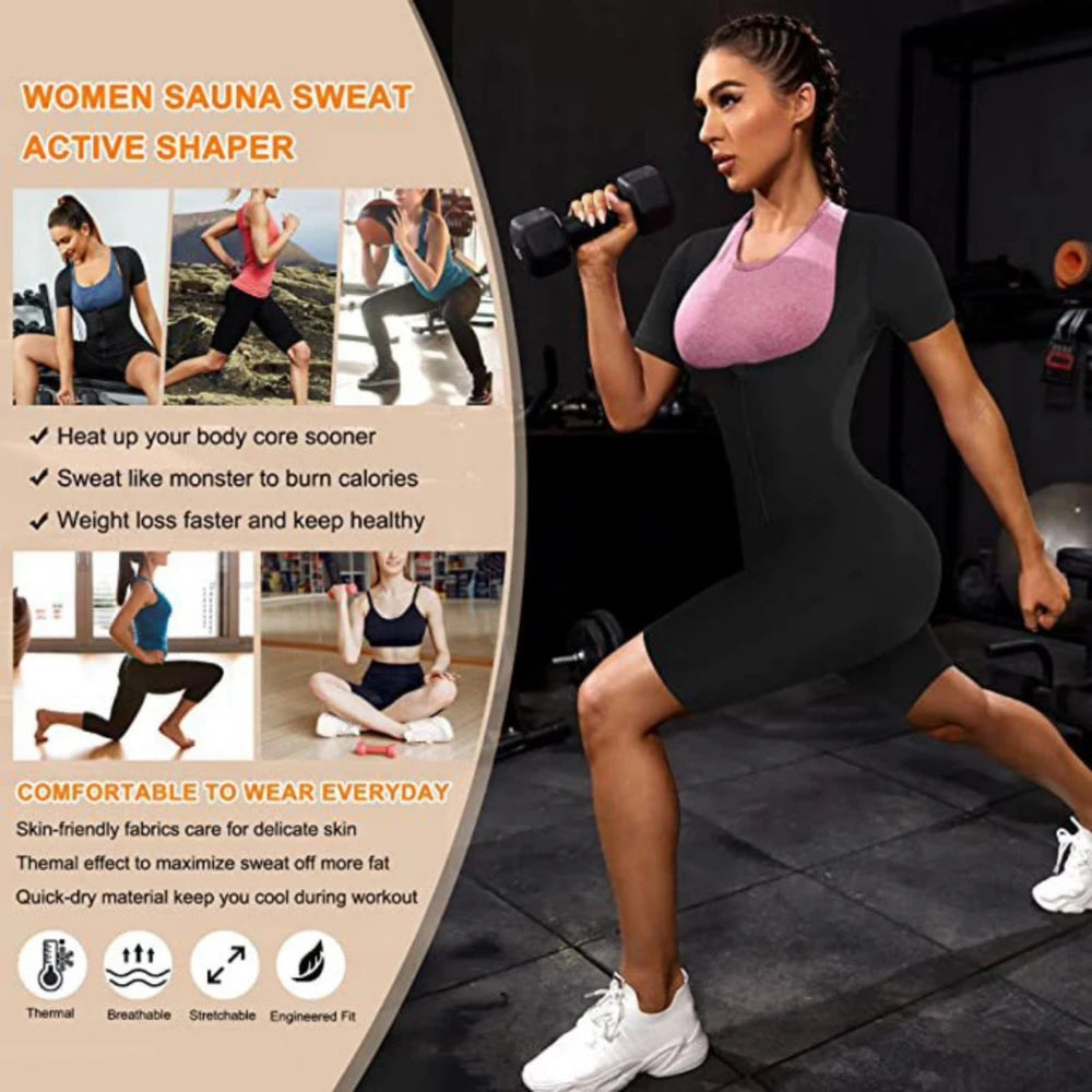 Sauna Suit for Women, Weight Loss Sauna Shirt, Waist Trainer Sweat Vest, Belly Workout, 3 in 1 Full Body Shaper Workout Top Black+Silver M